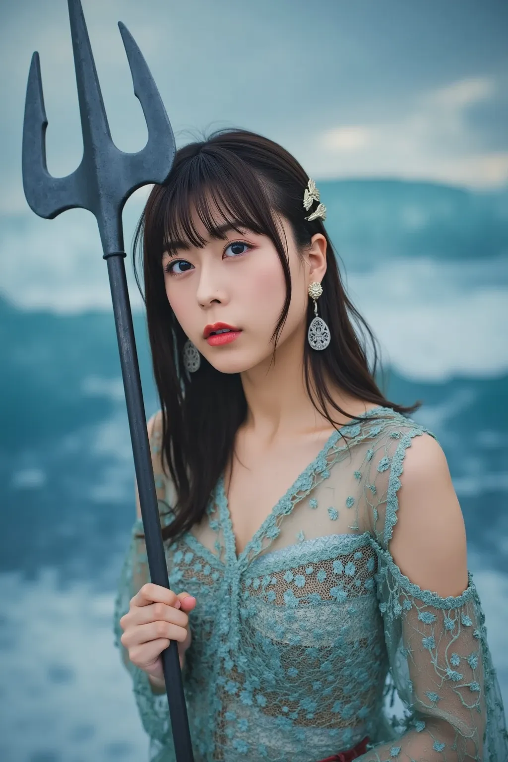 「the movement of the waves is powerfully depicted。she has a three-pronged spear in her right hand、ポセイドンのgod々wearing a。A Japanese woman is cosplaying Poseidon {x} There is a scene of the ocean where the waves are raging in the background、costume。The woman's...