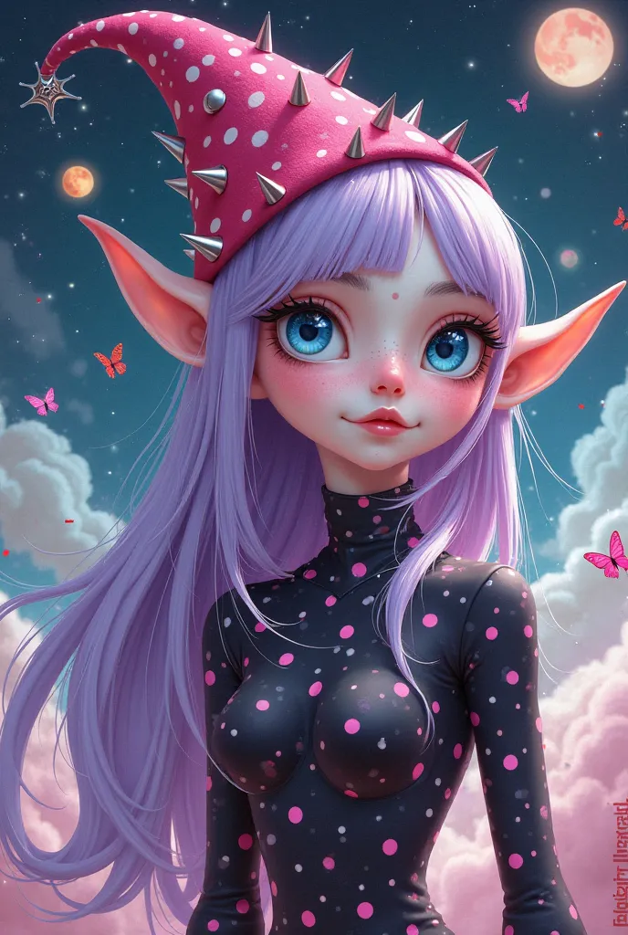 Create an illustration of a whimsical character with large expressive blue eyes and exaggerated features. She has elongated ears and vibrant, long lavender hair. The character wears a form-fitting, polka-dotted outfit covered in shades of black and bright ...