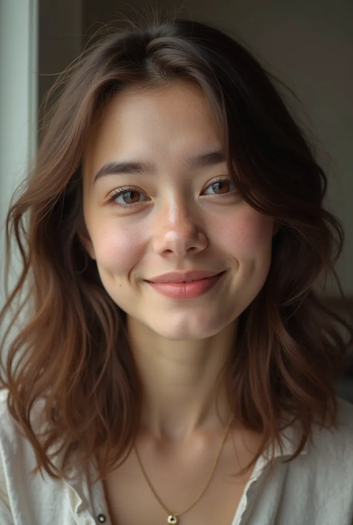 Faites une photo d&#39;une jeune femme de 20 ans aux cheveux brun. rendez-le réaliste, Un selfie. amateur.