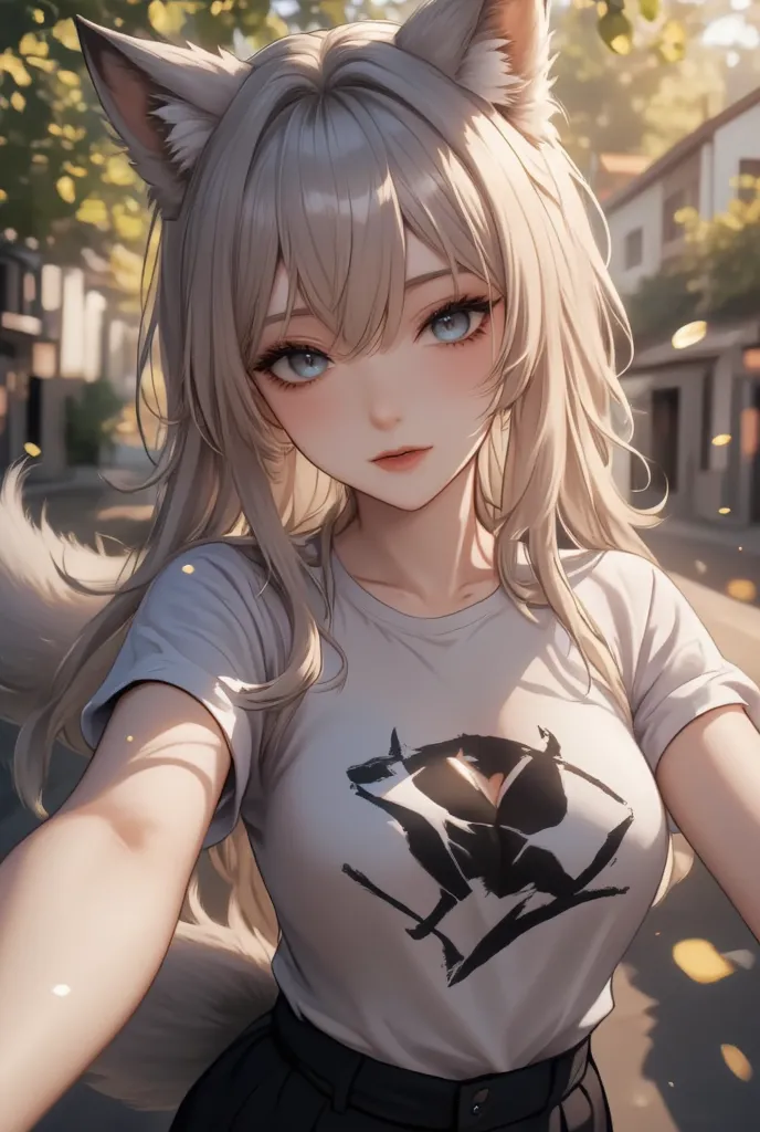 masterpiece, best quality,   Wolf Girl , elegant, 1 girl, Wolf ears, Wolf's Tail , cute,  blushed, watching viewers, from above,  blonde wavy hair , miniskirt,  white and black striped t-shirt , Blue Eyes, beautiful eyes,  background, light particles,  sun...