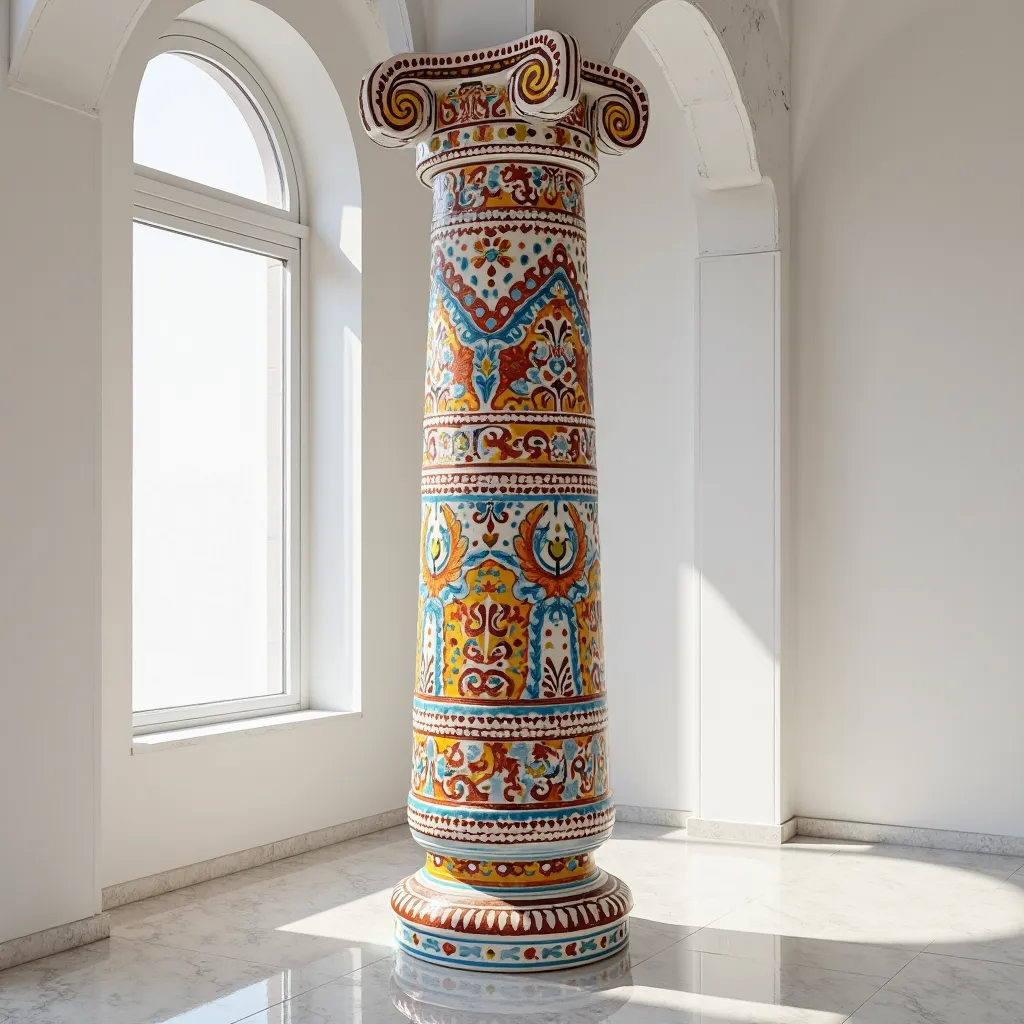 Modern large column in a classic white interior with column decor, painted with a bright pattern .Pattern Kosovo ceramics is an ancient art form, it reflects the artistic vision of the people, his ancient talent. Hutsul ceramics