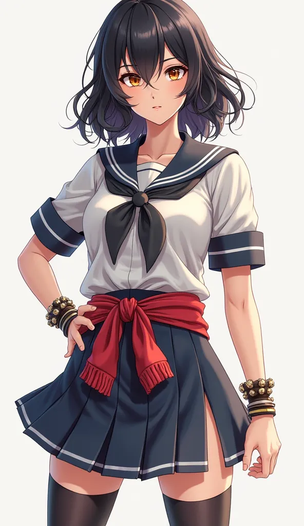 A girl in a sailor's uniform with a skirt cut with warmers wavy black shoulder-length hair with brown eyes and with bracelets and a red sweater around the waist with a pose of pride and ego