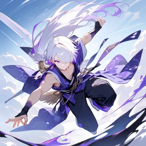 masterpiece, high score, great score, absurdres,
1boy,dynamic pose,male focus, 20-yo,toned,twink,white hair, side-parted, lilac highlights, hair over one eye,purple eyes, single purple earring,BREAK avant-garde japanese clothes,plane background,year 2025