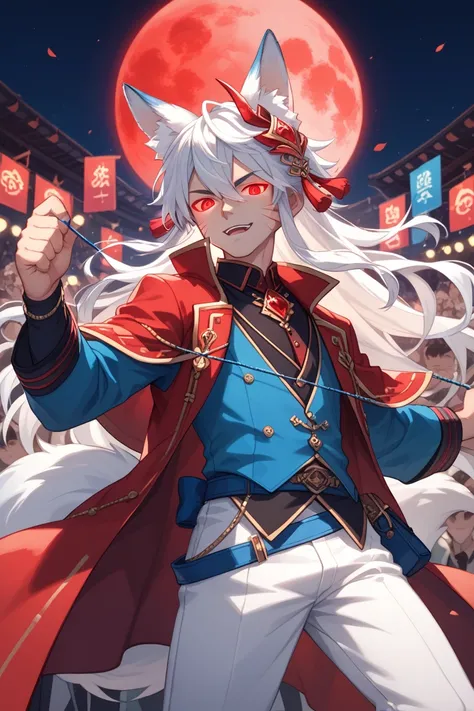 jinchuriki boy,  white hair,white fox ears on top of the head, A metal wire on the top of the head, red gemstone on the end of the wire,  smooth leather, Black eyes with a red iris, glowing eyes, On his cheeks is a pattern of fox whiskers, He has magical p...