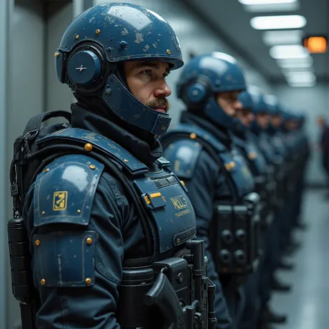 Futuristic senior officers in dark blue ballistic armor (with light scuffs and scratches), special forces helmet with an unobtrusive military logo,  short beard and mustache ,  determined look , Conceptual Style (concept art), semi-profile, cinematic light...