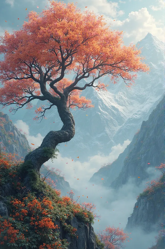 Tree with orange pink flowers
Mountain background with wind and fog