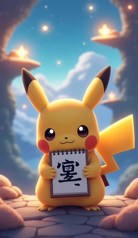 "A cute Pikachu is holding a sketchbook and writing 'かきくけこ' in Japanese. The setting is a beautiful, mystical, and fantastical landscape with glowing lights, floating islands, and a dreamy atmosphere. Pikachu's expression is focused yet cheerful, and the s...