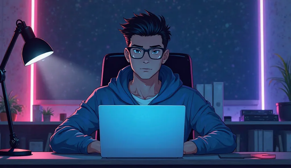  Create an anime looking male business character who appears handsome and smart. He has a blue hoodie. The character is sitting behind his laptop in his office, with his arms on the desk. It is night, and the room features volumetric neon lighting. The cha...