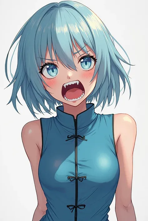 Girl with short shoulder-length hair light blue,Slim light blue eyes,fangs,She's angry screaming,Chinese blue sleeveless clothing,She doesn&#39;t have breasts, she has no bangs ,Drawing style