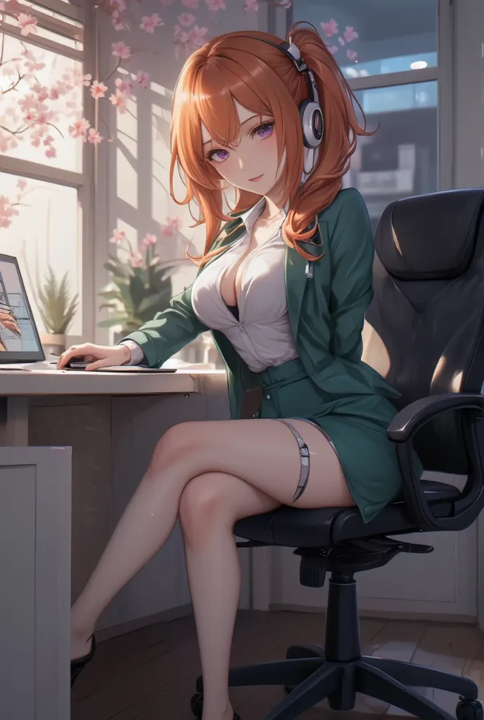  There is a woman sitting on a chair and using a laptop, 厳格な黒いwearing a business suit, sitting On the desk, In a strict suit, On the desk,  with my whole body in front, Japanese goddesses,  thigh-length socks and skirt , She sat at the desk, sitting at the...