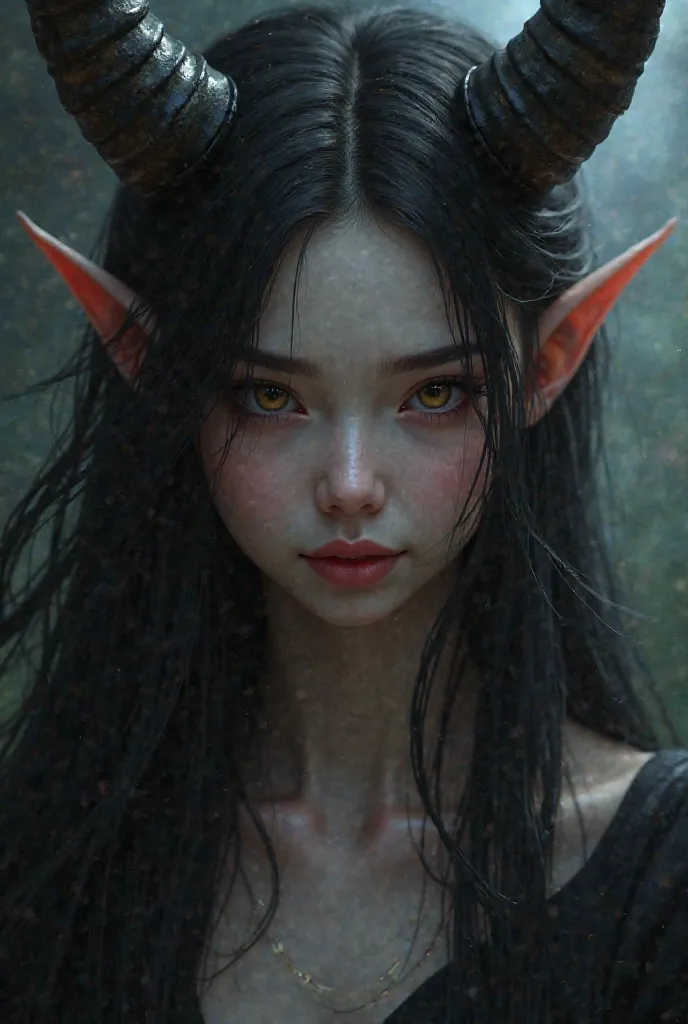 1girl, long hair, black hair, horns, hd, smile, detailed portrait of a young woman with long black hair and horns, beautiful delicate face with a warm smile, elegant expression, mystical dark fantasy character, intricate detailed digital illustration, 8k, ...