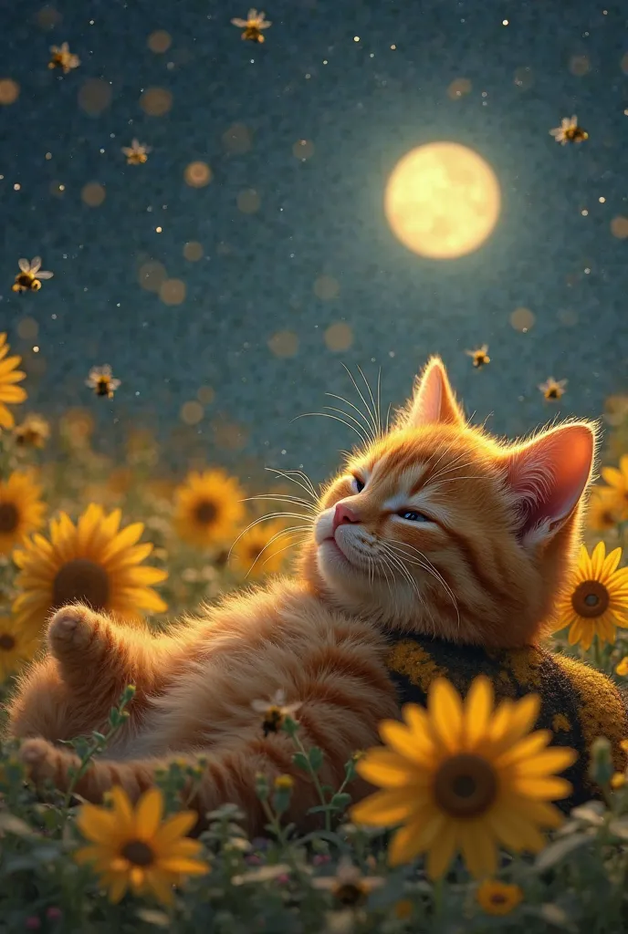 "The cute fluffy ginger cat dressed as a bee, relaxing back in the sunflower field at night, lying on its back looking at the stars, bees resting nearby, soft moonlight glowing, creating a peaceful dreamy atmosphere.