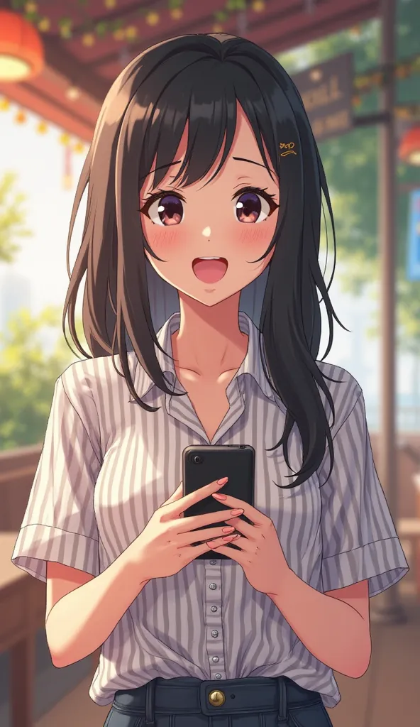 　moe style,straight hair that reaches the shoulders - (Short sleeve襟付ボーダーシャツ)（((Short sleeve))） - Onyx　striped collared shirt　 long hair　Short sleeve　Anime Picture　 hair is unraveling after vaginal 　　黒髪long hair　25 year old OL 　Restaurant　 25-year-old offi...