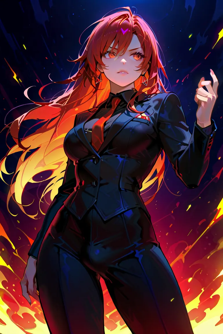 ((((high quality,Top Quality,masterpiece,anatomically correct, 最high quality, detailed face,)))),1 girl,futanari,handsome,long hair, red hair ,sling,perfect suit, action,battle,anime,