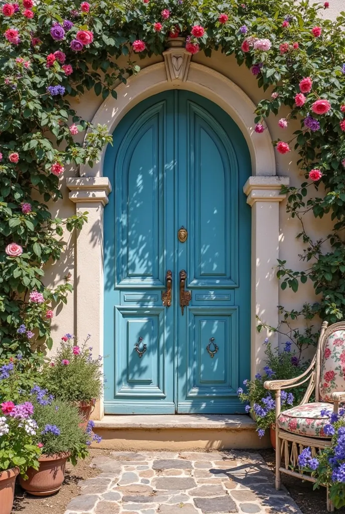 Une jolie photographie une jolie porte d'entrée très ancienne de style un peu arabe dans les tons de bleu ciel  très clair avec des clous couleur or des rainures or. Il y a un jardin avec des fleurs des roses trémières de toutes les couleurs des roses en b...