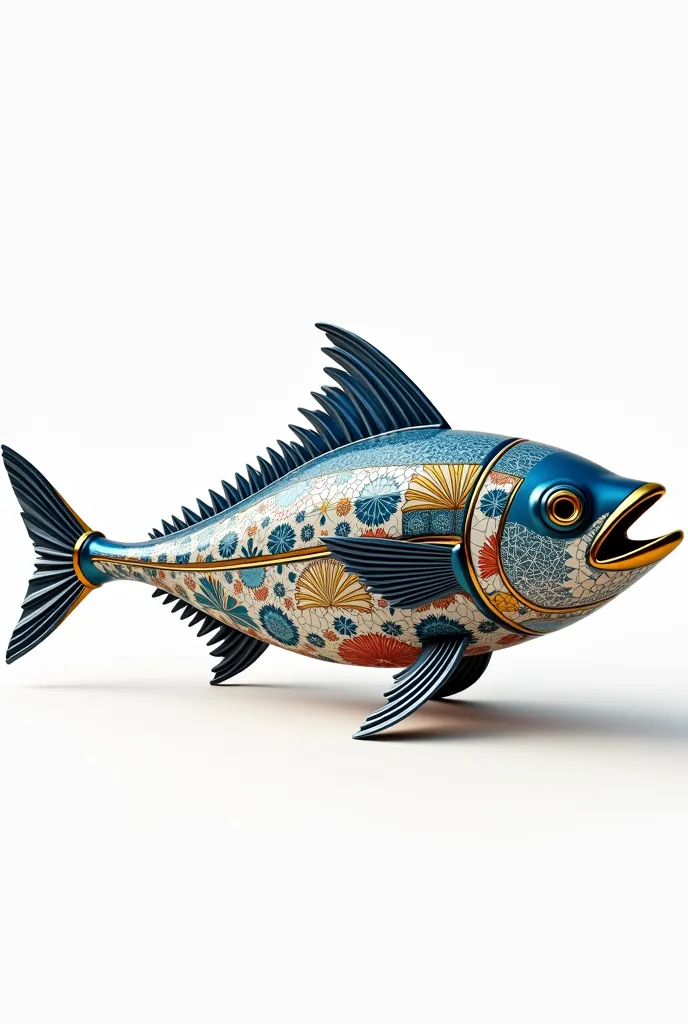 Create a comical 3D model of a stylized sardine that represents tourism in Portugal. The shape of the sardine must be fluid and harmonious, com texturas que combinem elementos culturais icônicos like blueejos pintados em azul e branco, metallic reflections...