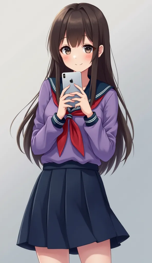 a girl in a sailor's uniform wearing a navy blue skirt with warmers straight long brown hair with black eyes and with bracelets and a purple sweater tied around her waist posing with a modern and new cell phone