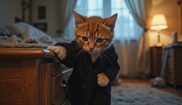 "The small orange tabby kitten with deep golden eyes stands in front of a wooden drawer in her bedroom, wearing an oversized black night suit. She looks weak and exhausted from her fever. Her tiny paw is just about to pull the drawer open, her movements sl...