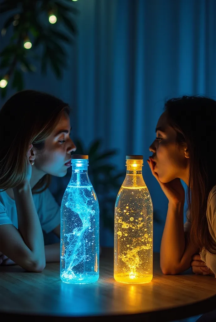 Create a banner with a bottle with LED on its bottle cap with simple lighting, yellow for when the water is hot and blue for when it is cold, the bottle needs to be coated with the coloring of a bamboo, with two people drinking it while it is glowing the r...