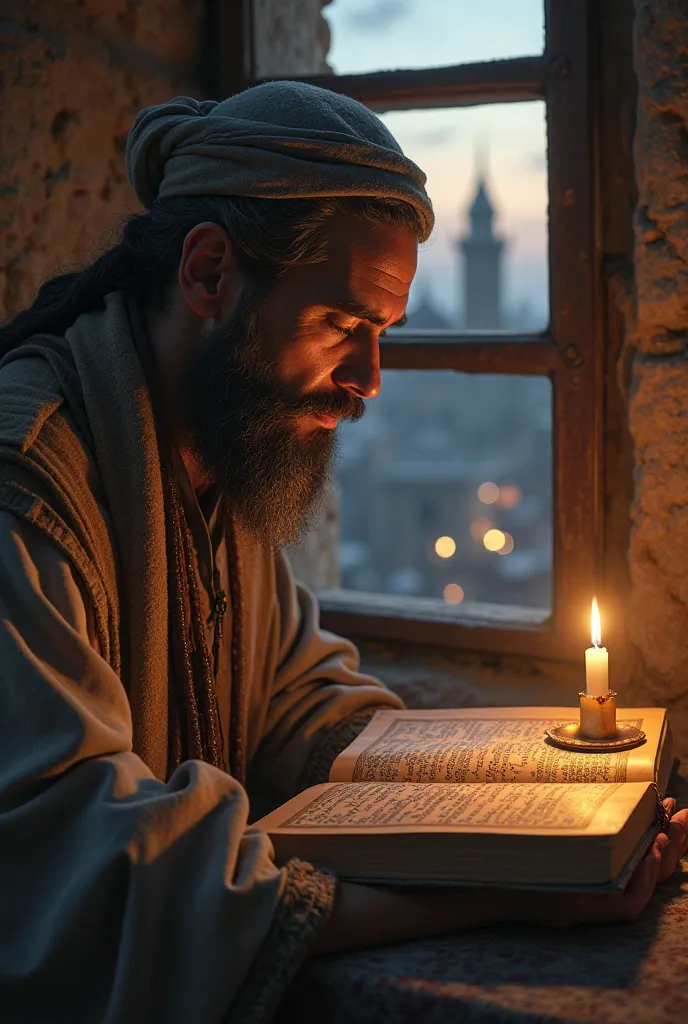 Only a picture of a man reading a religious book with a candle next to him and behind a window is the old city of Baghdad

