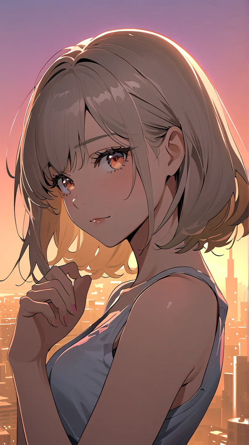 A young, fair-skinned anime girl is slightly left of center in the frame. She looks down thoughtfully, resting her chin on her hand. Her hair is long, brown, and straight, reaching down to her shoulders. Her expression is calm and contemplative. Her skin i...