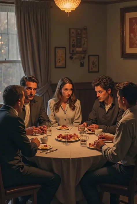 5 people(4 men 1 woman) sitting in a round table