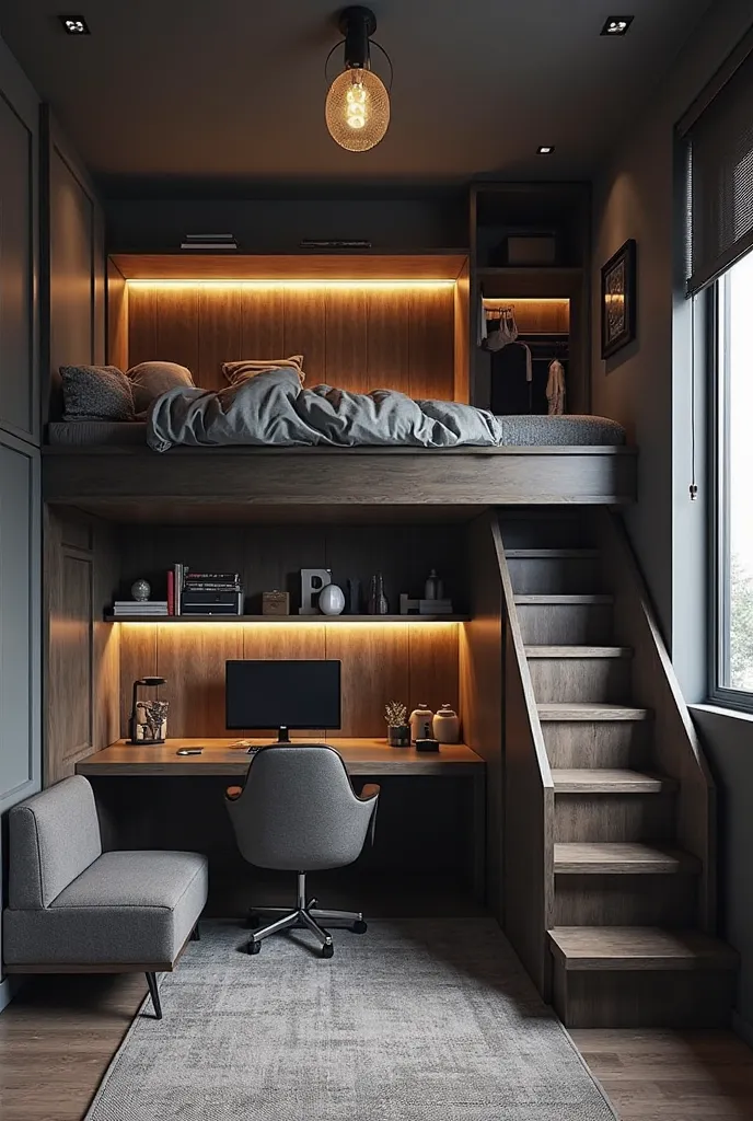 A dark theme of loft bedroom design for boys,upper deck is a bed and lower area with computer desk,a single sofa and closet for clothes,beside the bed are the stairs to reach bed area.The room has a window located in the middle of the wall opposite to the ...