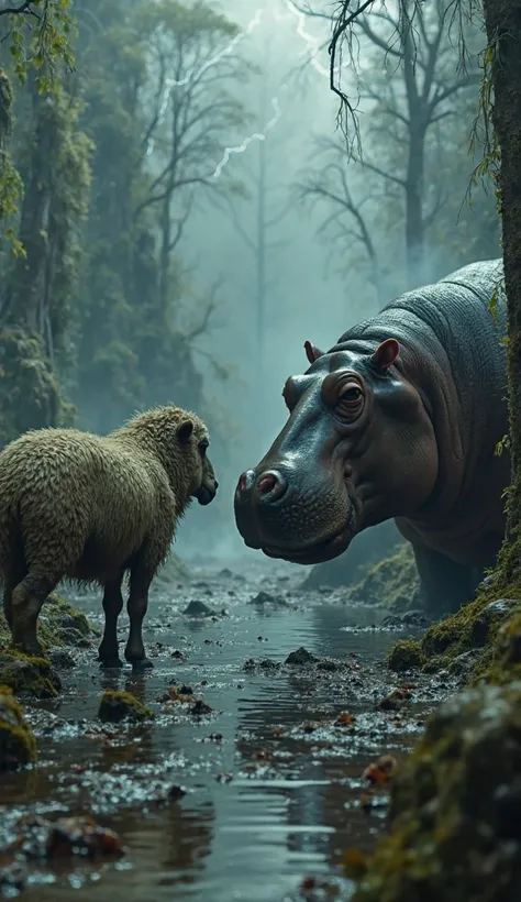 A haunting, otherworldly scene featuring a rugged, mud-caked sheep standing face-to-face with a massive, battle-scarred hippopotamus. The setting is a swampy wasteland, where murky waters bubble and thick vines hang from gnarled, dead trees. The air is hea...