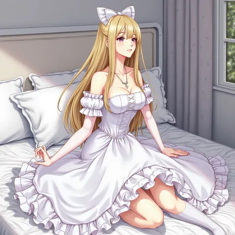  The illustration， depicts a woman in a white dress sitting on a bed, Yasutomo Oka , pixiv, what is it？,  epic light novel art cover , Lolita in a skirt, Light Novel Cover Illustration , artoria pendragon, epic Light Novel Cover Illustration , Anime Goddes...