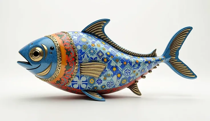 Create a comical 3D model of a stylized sardine that represents tourism in Portugal. The shape of the sardine must be fluid and harmonious, com texturas que combinem elementos culturais icônicos like blueejos pintados em azul e branco, metallic reflections...