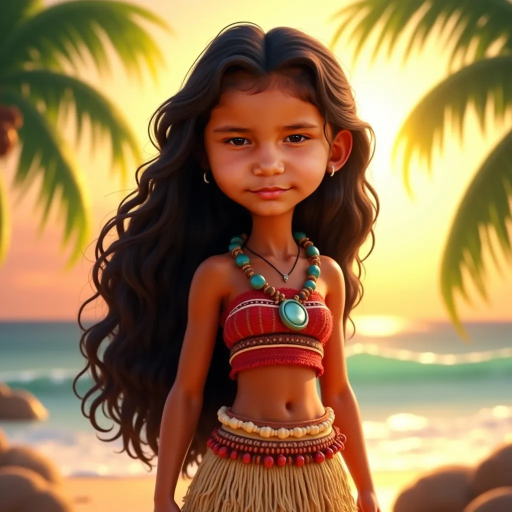 masterpiece portrait of A young girl with long, wavy dark hair and tan skin, standing confidently in a tropical island setting. She has large, expressive eyes and traditional , resembling Polynesian cultural designs. She wears a handmade, woven skirt with ...