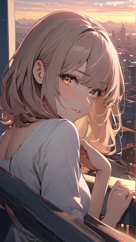 A young, fair-skinned anime girl is slightly left of center in the frame. She looks down thoughtfully, resting her chin on her hand. Her hair is long, brown, and straight, reaching down to her shoulders. Her expression is calm and contemplative. Her skin i...