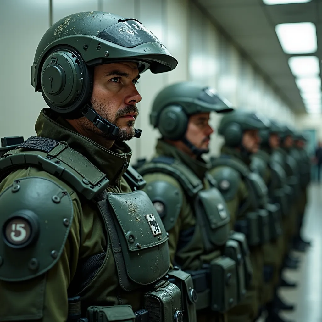 Futuristic senior officers in dark green ballistic armor (with light scuffs and scratches), tactical helmet with an unobtrusive military shark logo,  short beard and mustache ,  determined look , Conceptual Style (concept art), semi-profile, cinematic ligh...