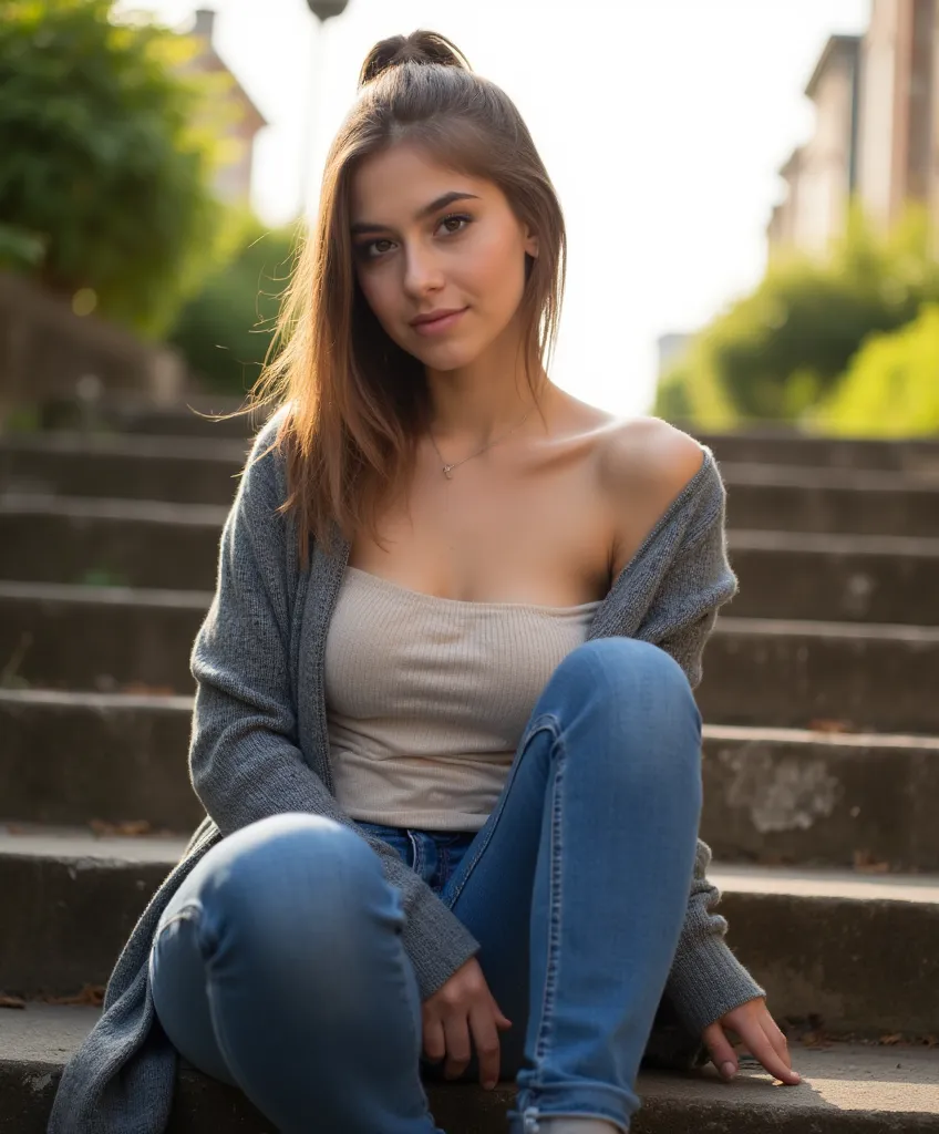 woman sitting on stairs. Has a thin sweater on. Eine Jeans und Turnschuhe Stil Fotorealistisch,  sharp focus, very detailed, sunlight, Detail , Fotoreal,  full body