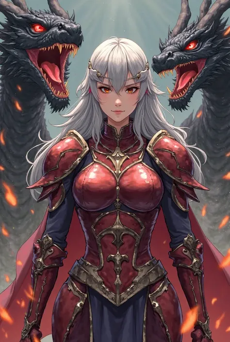 A young woman, likely Asian, is the central figure. She is positioned slightly off-center, facing the viewer directly.  She is wearing elaborate, stylized armor in shades of red and dark gray, that covers most of her body, including a helmet-like headpiece...