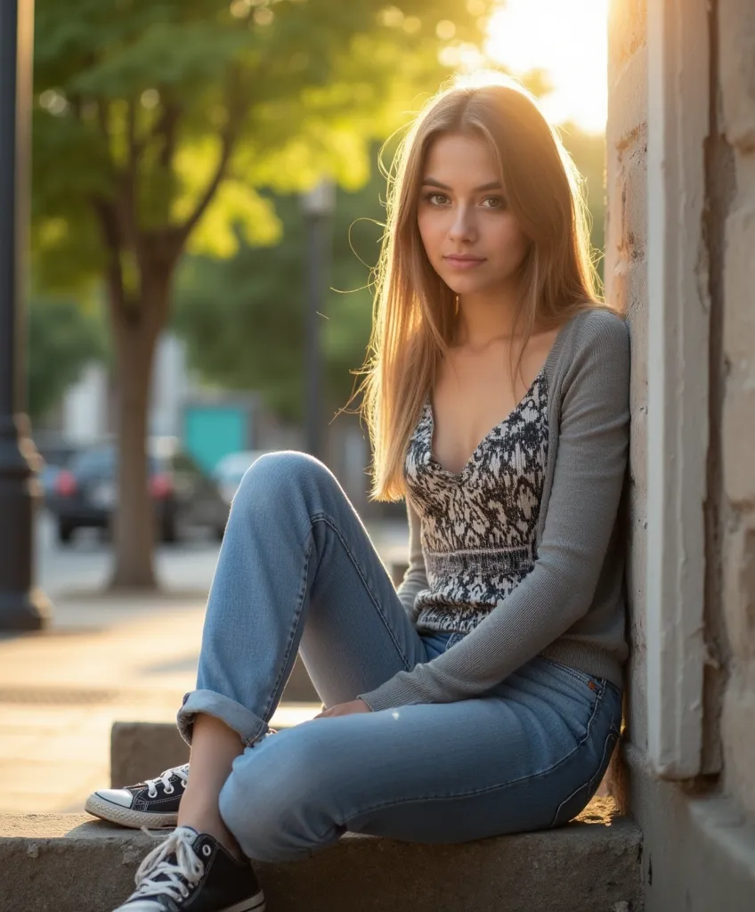 woman sitting on stairs. Has a thin sweater on. Eine Jeans und Turnschuhe Stil Fotorealistisch,  sharp focus, very detailed, sunlight, Detail , Fotoreal,  full body