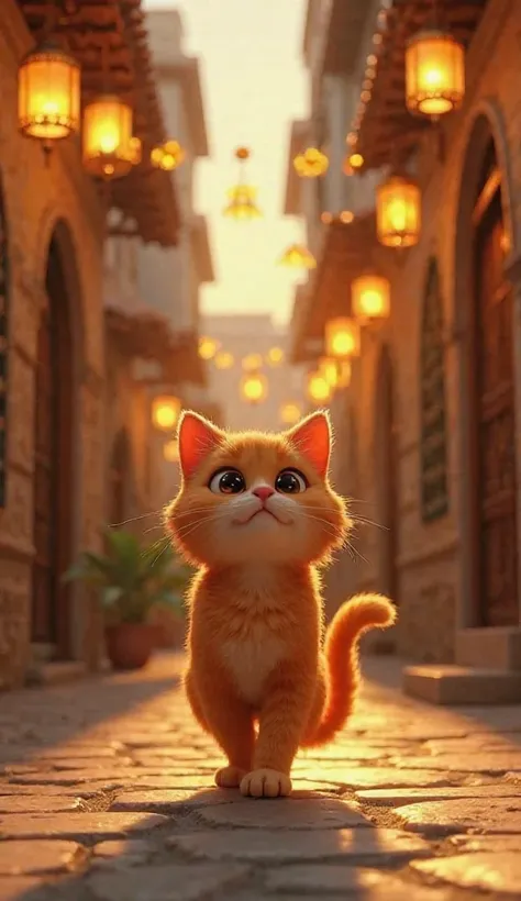 

3D animated ""A beautifully lit, narrow street in an old Middle Eastern town, adorned with glowing lanterns hanging above. The warm golden lights create a magical and peaceful atmosphere in the evening. In the foreground, an orange fluffy cat with soft f...