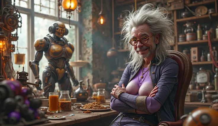 make as real characters not cartoons , A wild-haired, eccentric scientist with oversized round glasses (Professor Klaus Wunderlich) grins mischievously in his chaotic, steampunk-style laboratory filled with bizarre gadgets, wires, and glowing machines. Nex...