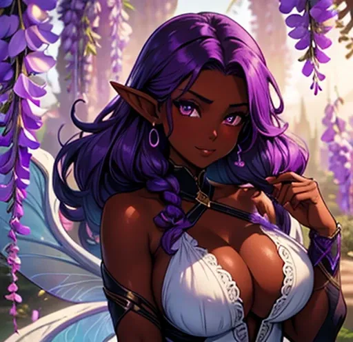 best quality,4k,8k,highres,masterpiece:1.2), ultra-detailed, mature ebony-skinned female, ethereal features, curvy lithefull body, bright amethyst eyes. wisteria curly hair. Fae. Elven ears. fae wings. Dark skin 1.7, DarkChocolate skin 1.8. Dressed in a fi...