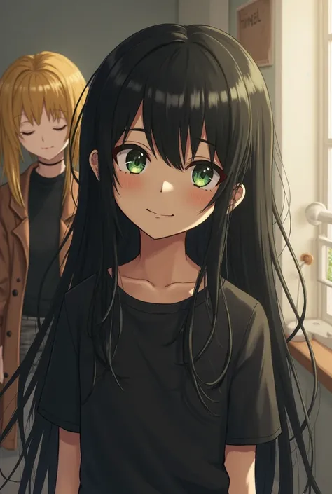 A boy with very long black hair one green eye and one brown eye with a black shirt, in the background an asian girl with a black shirt and a long brown coat, with blond hair and black at the tips of the hair