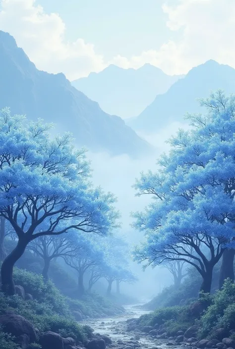 Many trees with blue peach color flowers on the background of misty mountains