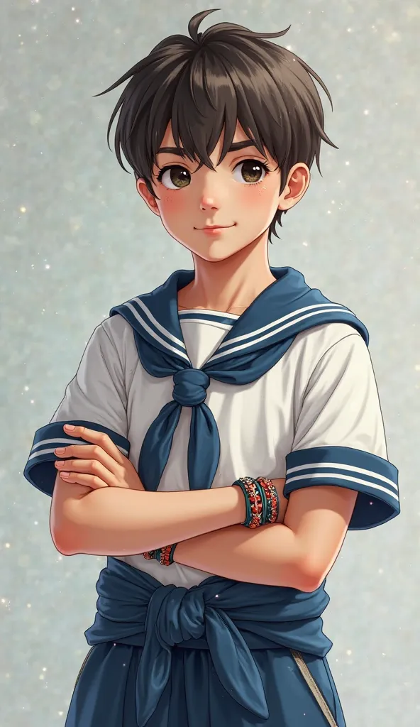 a 15-year-old boy in a sailor's uniform, straight brown hair with black eyes and with bracelets and a blue sweater around his waist with a pose of logo and pride