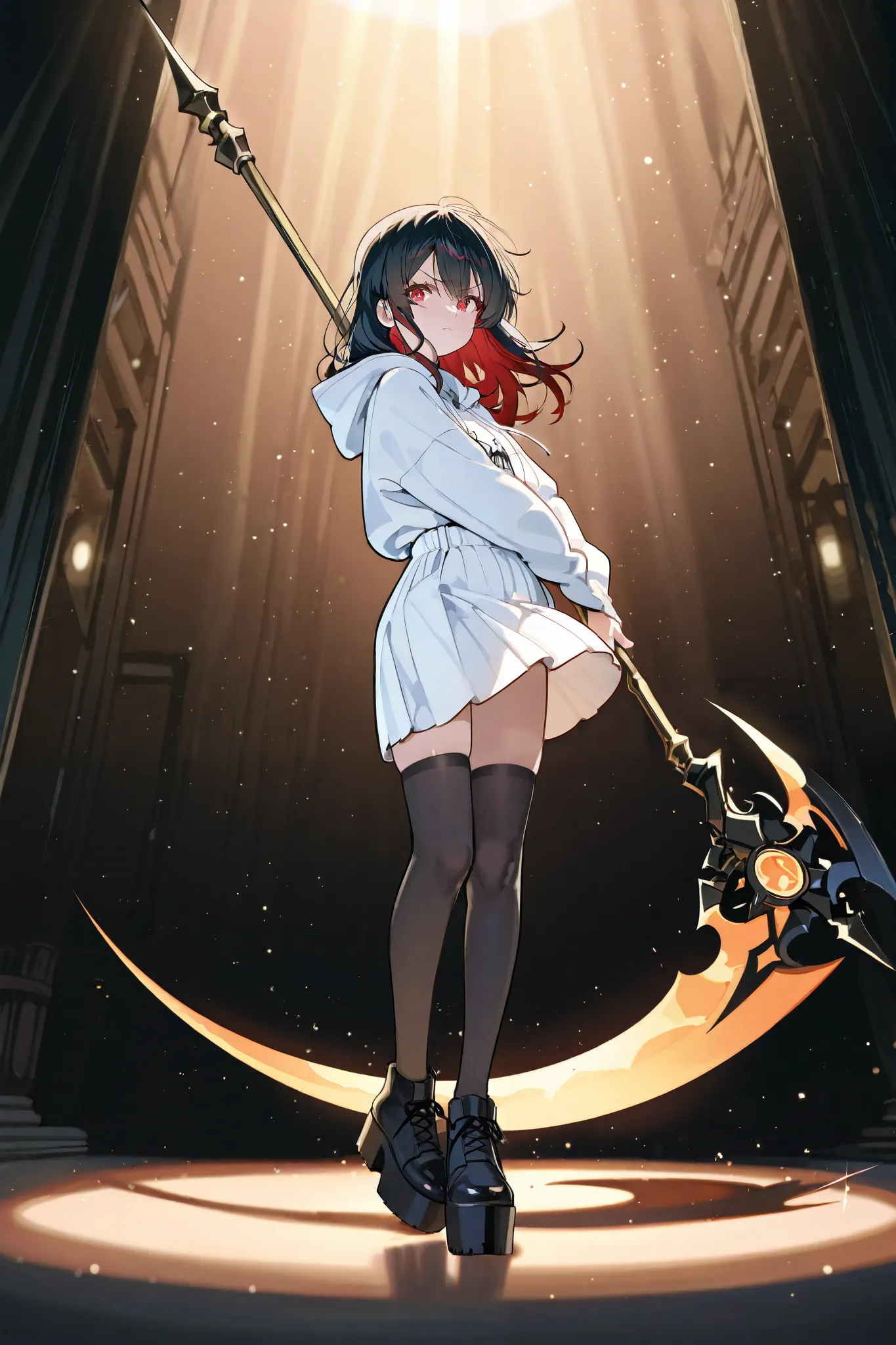  pose of a girl with long black hair a white hoodie  tucked in her white skirt. white hoodie with pink skeeves white skirt, black stockings and pink chunky shoes. holding a scythe and swinging it