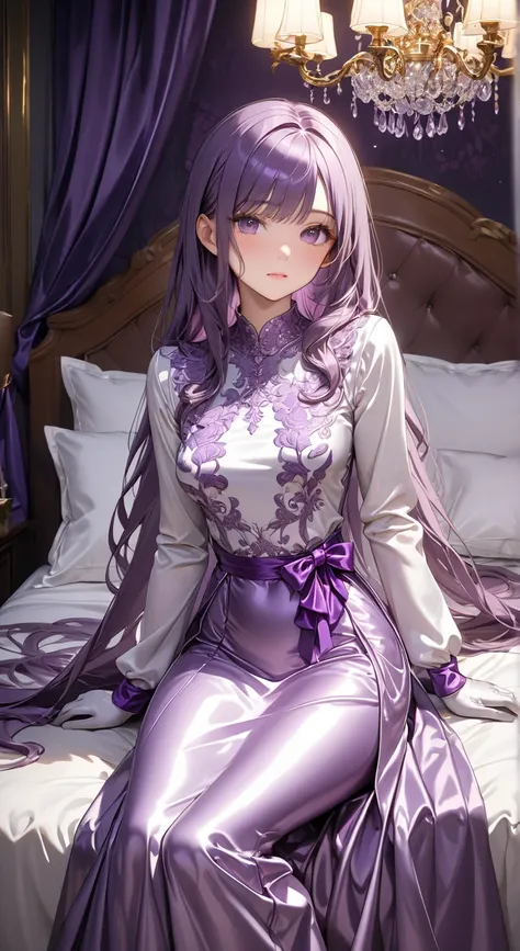 portrait、god々Shining light、front view、( masterpiece,Highest quality, super high definition ),highly detailed CG,Japanese Female,((beautiful face)),((Long sleeve long dress made of shiny purple silk satin))、((The dress has a simple design without embellishm...