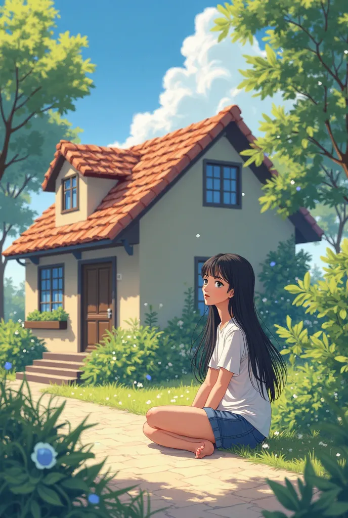 A black haired  lady sitting outside the house, sunny day