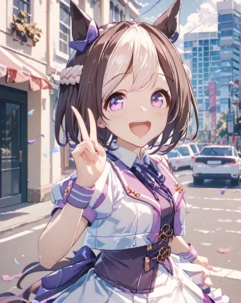 best quality, absurdres, masterpiece, One girl
special week \(Uma Musume\), 
ear bow, purple bow, puffy short sleeves, neck ribbon, blue ribbon, cropped jacket, white jacket, two-tone jacket, collared shirt, white shirt, purple vest, wristband, wrist cuffs...