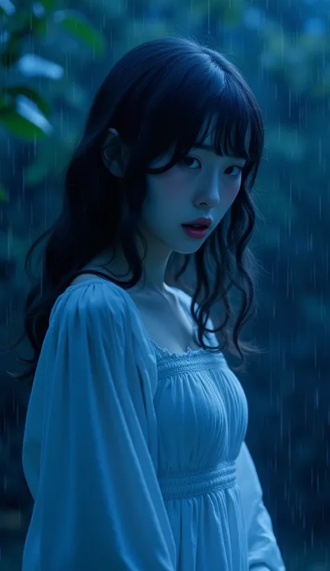 A full body shot of a beautiful sad crying girl with dark wavy hairstyle, ((very pale skin)), looking down at the ground, dressed in pure white, raining, outdoor, cinematic shot, cinematic composition, portrait, close up, thick mist, ((((deep dark sapphire...