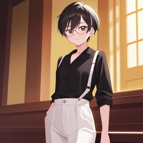 Quiet, Independent, Introvert, Shy, Bright brown eyes, Wearing glasses, short Pixie cut black hair. Elegant. There are moles on her collarbone and temple.