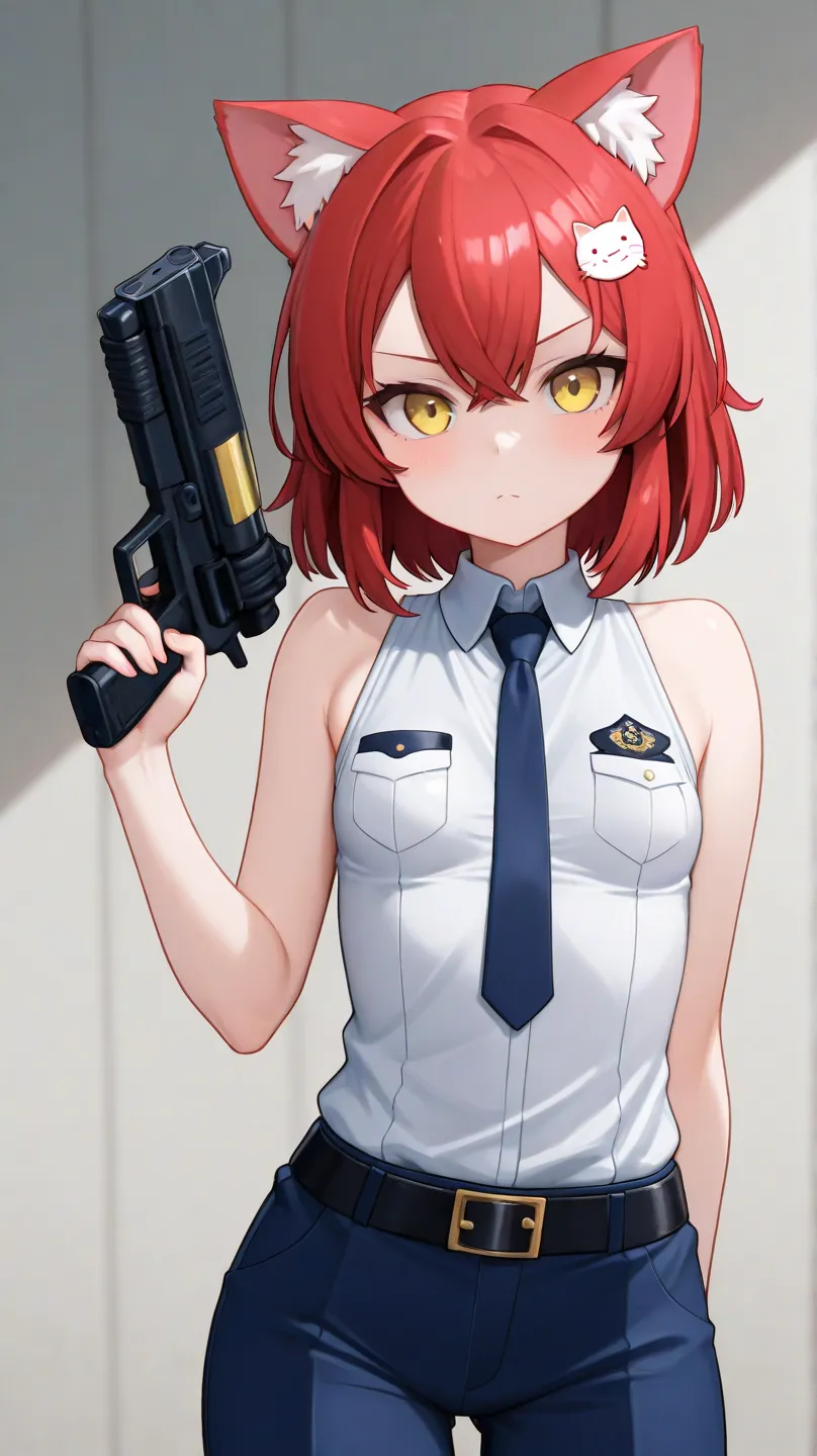 I have short red hair 。I'm a police officer。They have cat ears 。They have yellow eyes 。I'm wearing a cat hairpin。 and I'm wearing police officer clothes。 gun as if ridiculously。I have small breasts。It's a serious expression。