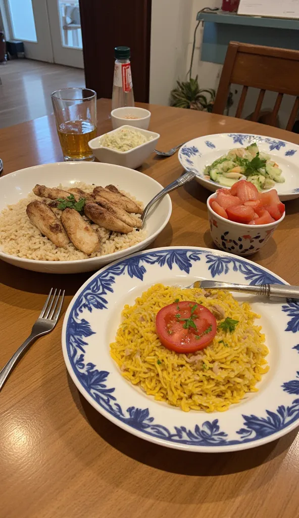 Today's break menu, one bowl chicken rice ,salad one bowl,,, sliced tomato in a bowl, ada sos kicap sos cili,cucumber  ,grilled chicken a, basil seed syrup water one jug, drinking glasses 5 pieces, 5 plates of chicken rice, all-round,aesthetic